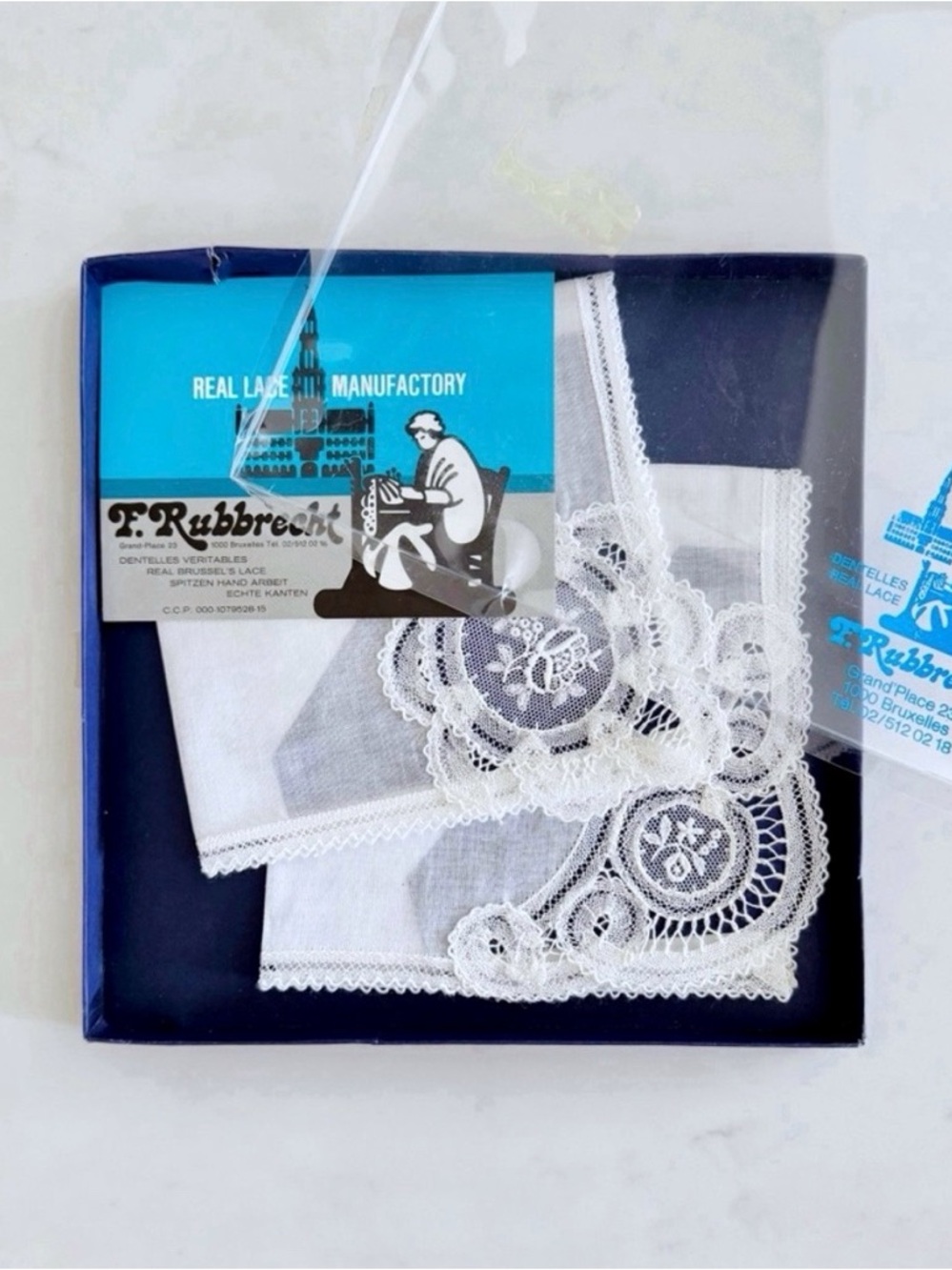 F. Rubbrecht Vintage (Set of 2) Embroidered Ivory Lace Handkerchiefs